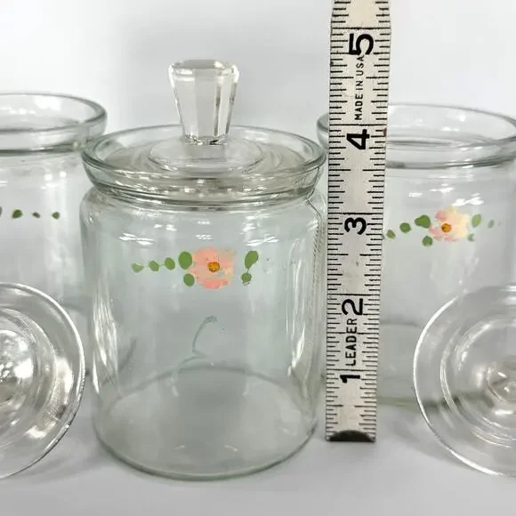 Set 3 Vintage Glass Apothecary Storage Jars 5" Painted Pink Flowers Cottage - Picture 6 of 8